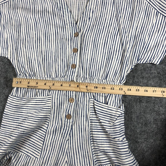 Zara Women's Romper Size Small White Blue Stripe Linen Blend Button Front - Picture 6 of 16